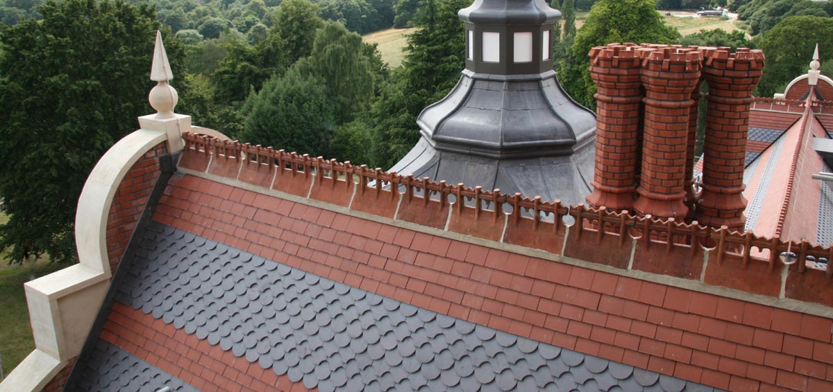 Athlone House reroof with Staffs plain and ornamental tiles and bespoke ridges
