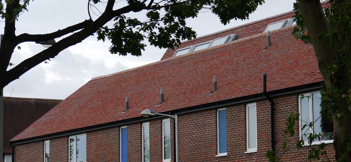 Purple brown handmade clay tiles on a new building at a primary school in Essex
