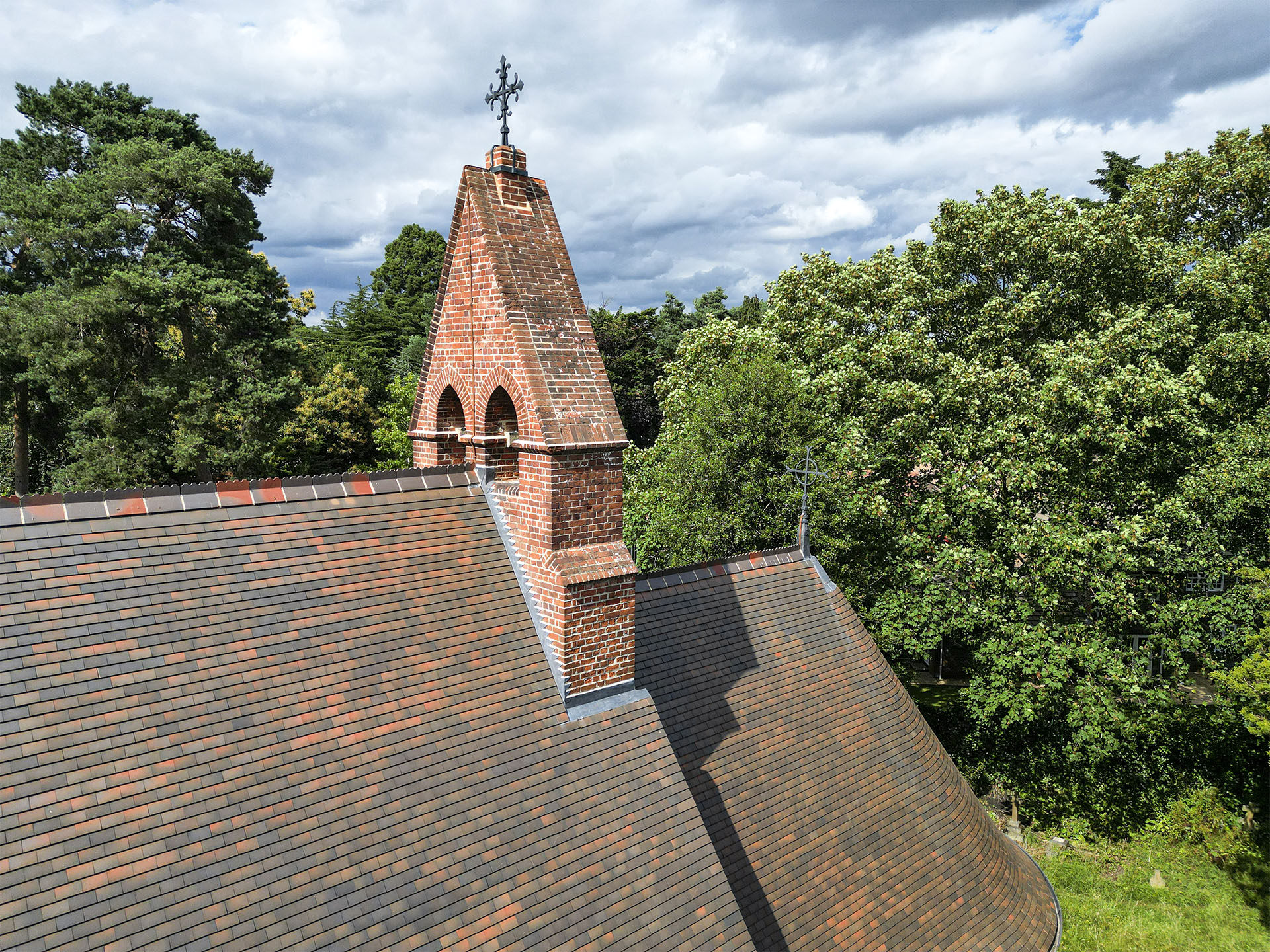 the  54 degree roof at All Saints Church Fleet with new Dreadnought roof tiles