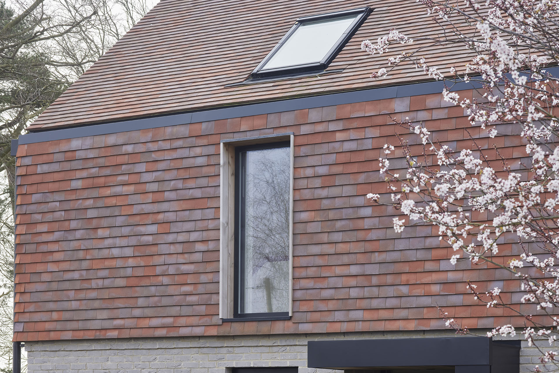 Red blue rustic tiles on a new dwelling by Mohsin Cooper Architects in East Sussex