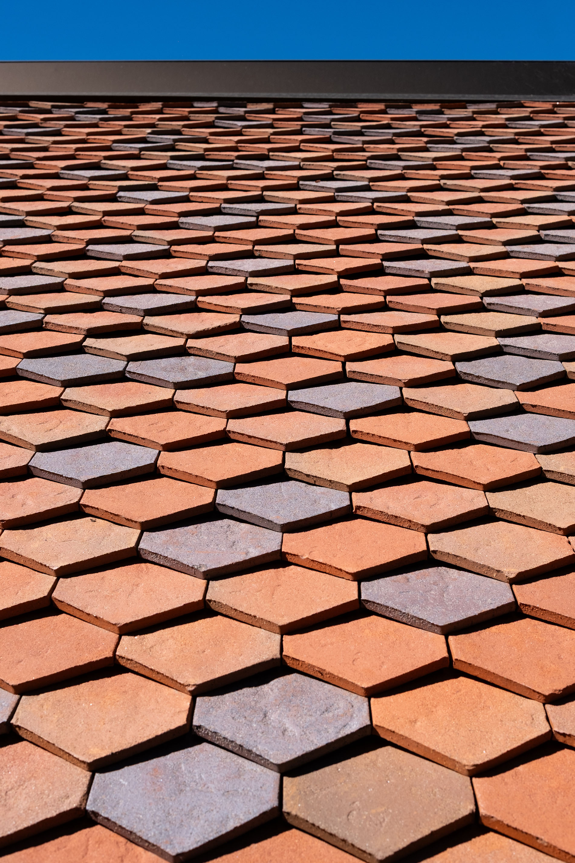 a four colour mix of handmade arrowhead clay tiles at St Edwards School by TSH Architects