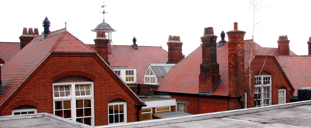 brown antique tiles were used to reroof Mylands School