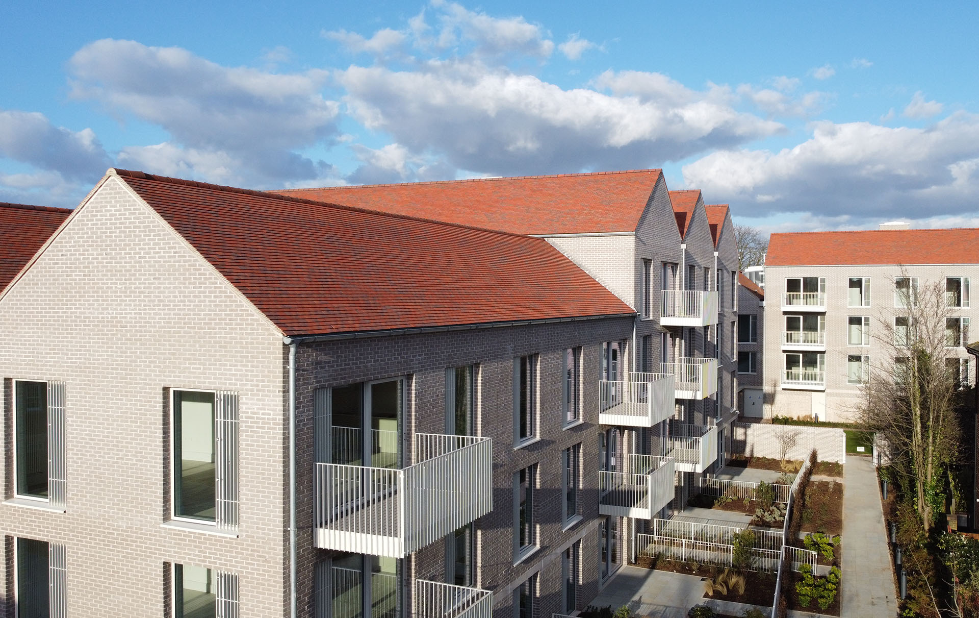 red blue sanded tiles at Cobham Bowers a new retirement home by Pegasus Homes